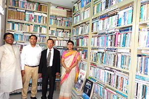 Vice-Chancellor of BUFT, Professor Dr. Syed Masud Husain and Founder Chairman of Debate for Democracy Hassan Ahamed Chowdhury Kiron with Dr. M Helal in the Campus Library (2014)