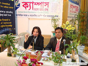 Barrister Tania Amir is giving a speech in the Inauguration Ceremony of Free Computer Training (Batch 112) as Chief Guest; Dr. M Helal is presiding over. (2011)