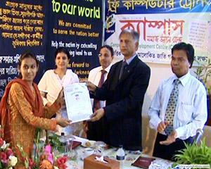 VC of Dhaka University, Professor Dr. AAMS Arefin Siddique, is giving Certificates to the Trainees of Free Computer Training (Batch 100) as Chief Guest; Dr. M Helal presides over. (2011)